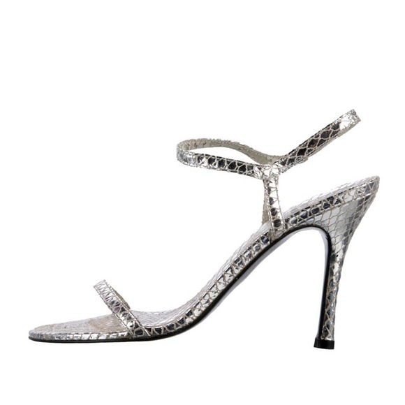41-Stuart Weitzman, silver, metallic snake, skin embossed, heeled sandal, SZ.8.5 - Picture 1 of 7